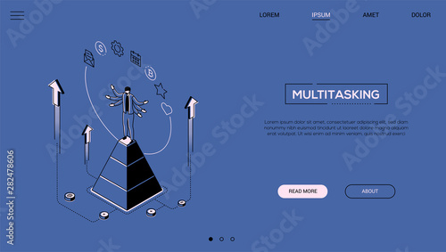 Multitasking concept - line design style isometric web banner