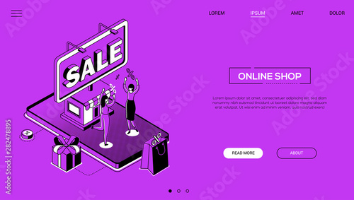 Online shop - line design style isometric web banner