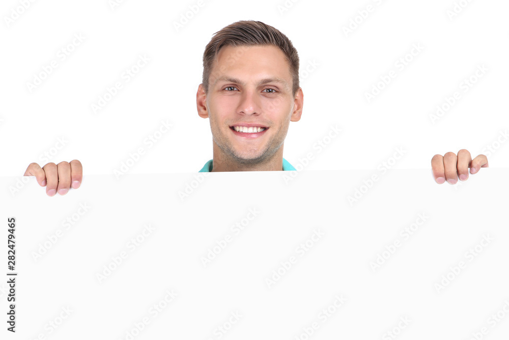 Young man with blank board on white background Young man with blank board on white background