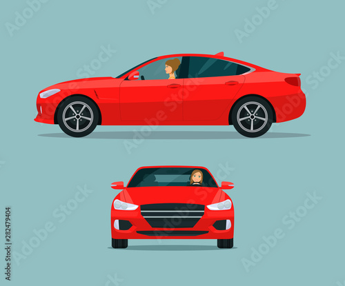 Red sport sedan two angle set. Car with driver woman side view and front view. Vector flat style illustration.