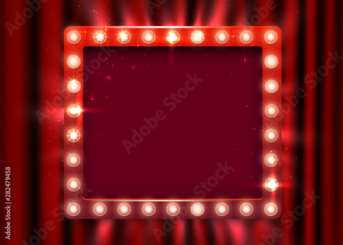 Retro light sign. Vintage style banner on curtain background. Show time concept.