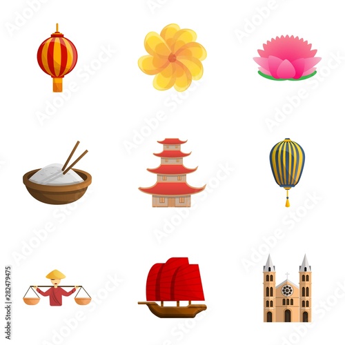 Vietnam travel icon set. Cartoon set of 9 vietnam travel vector icons for web design isolated on white background