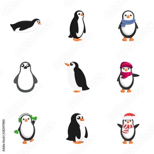 Christmas penguin icon set. Cartoon set of 9 Christmas penguin vector icons for web design isolated on white background