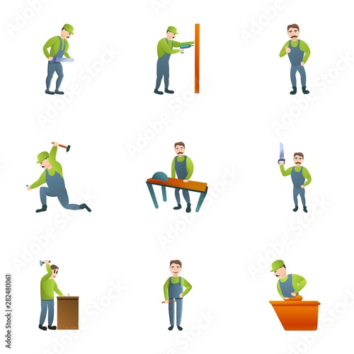 Woodworker icon set. Cartoon set of 9 woodworker vector icons for web design isolated on white background