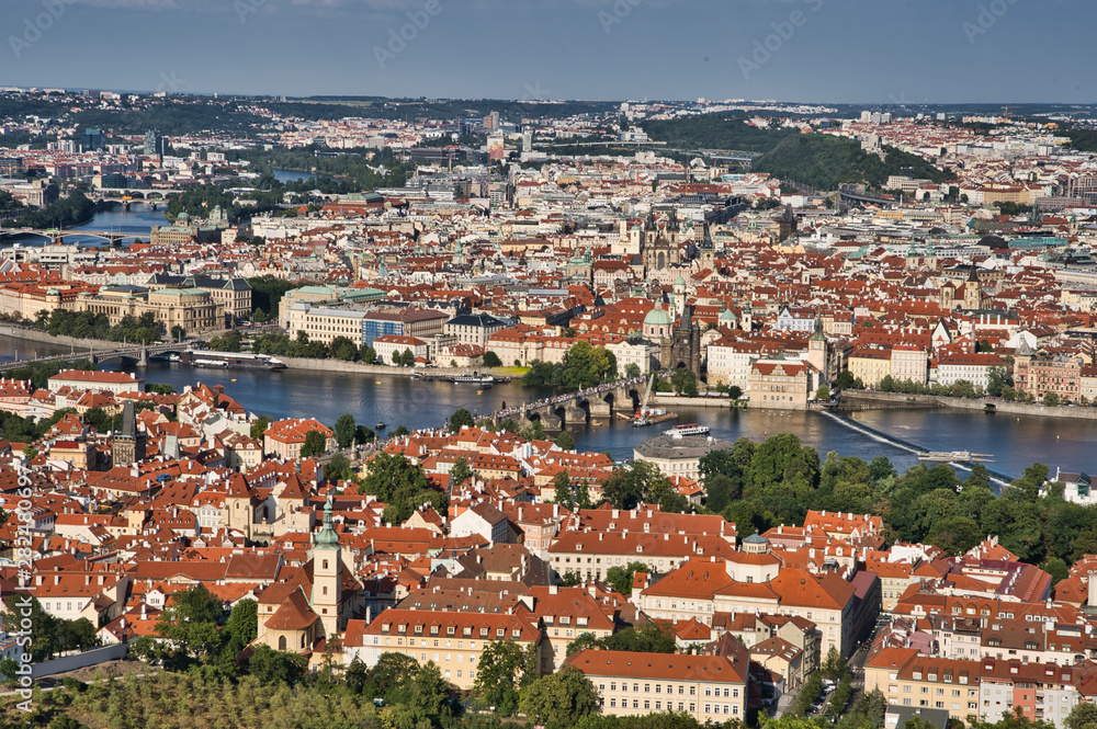aerial view of Charles Bridge over Vltava river in Prague, Czech Republic