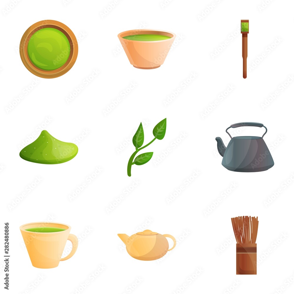 Green matcha tea icon set. Cartoon set of 9 green matcha tea vector icons for web design isolated on white background Green matcha tea icon set. Cartoon set of 9 green matcha tea vector icons for web design isolated on white background