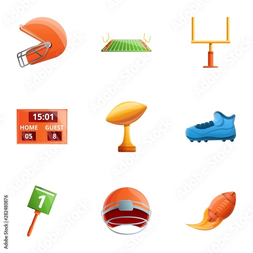American football equipment icon set. Cartoon set of 9 american football equipment vector icons for web design isolated on white background