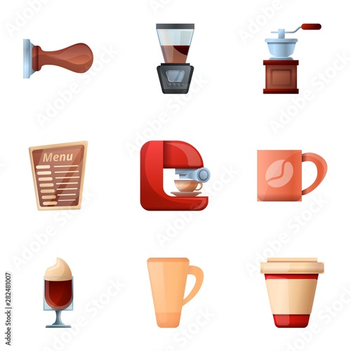 Barista coffee machine icon set. Cartoon set of 9 barista coffee machine vector icons for web design isolated on white background