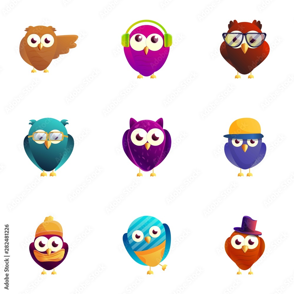 Funny birds icon set. Cartoon set of 9 funny birds vector icons for web design isolated on white background