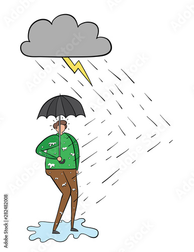 It's raining and the man gets wet even though he opens an umbrella.