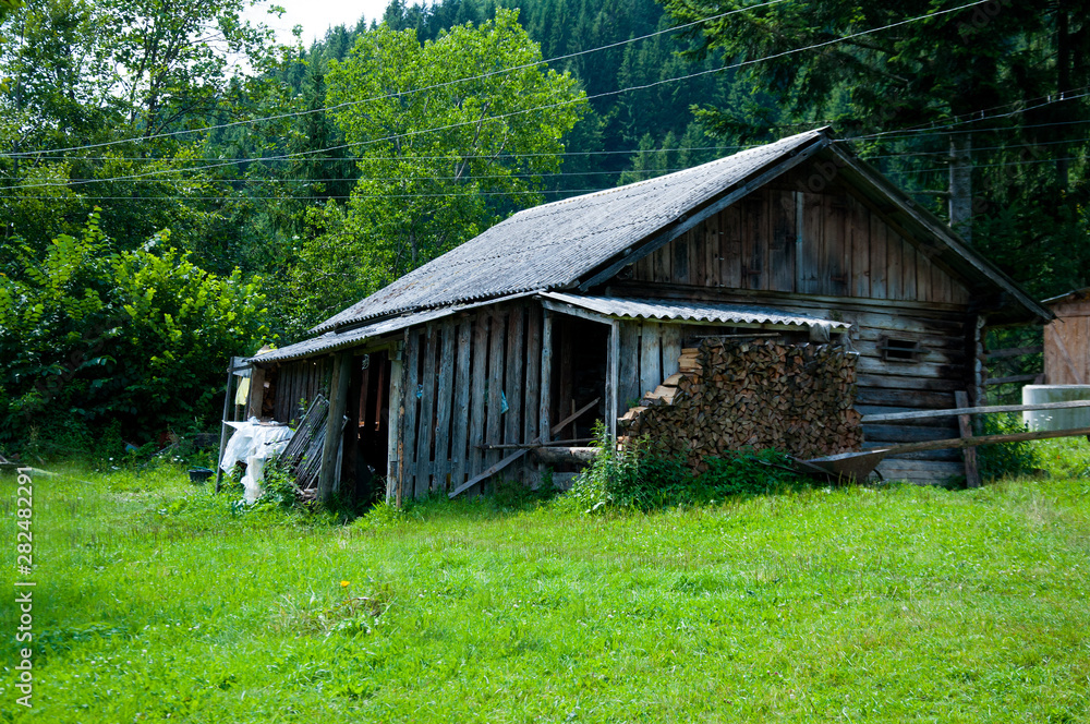 Old wooden house near the forest. Summer. Against the background of trees Old wooden house near the forest. Summer. Against the background of trees