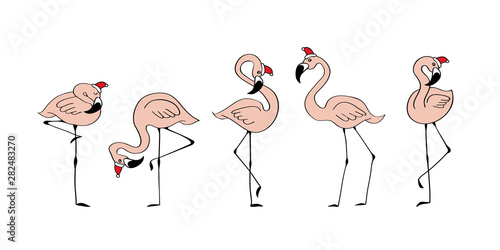 Doodle hand drawn flamingo set with christmas hats on their heads. Funny cartoon birds isolated on white background. Vector illustration.
