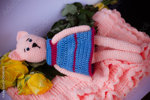 crochet toy pink cat in a dress  © Ксения Куприянова