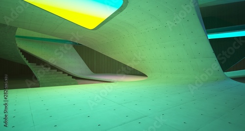 Abstract architectural concrete and wood smooth interior of a minimalist house with color gradient neon lighting. 3D illustration and rendering.