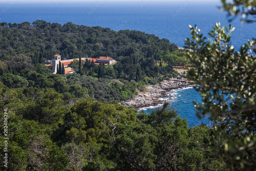 Lokrum Island Monastery Complex panoramic view, Dubrovnik, Croatia. The first of many Benedictine monasteries on the territory of the Dubrovnik Republic. The abbey served also as a hospital.