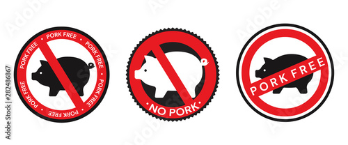 Collection of vector red and black signs, icons and badge designs relating to pork with No Pork, Pork Free and pig silhouette icons denoting Pork content isolated on white