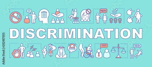 Discrimination word concepts banner. Human rights. Prejudice and inequality. Racism. Sex discrimination. Presentation, website. Isolated lettering typography idea. Vector outline illustration