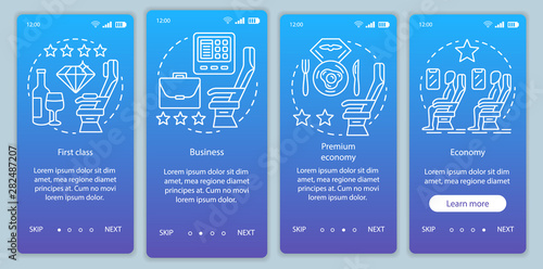 Aircraft travel class seating blue onboarding mobile app page screen vector template. Business, economy class. Walkthrough website steps with linear icons. UX, UI, GUI smartphone interface concept