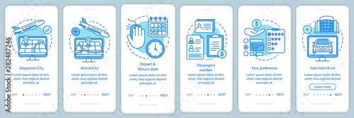 Airport and hotel blue onboarding mobile app page screen with linear concepts. Departure and arrival city walkthrough steps graphic instructions. UX, UI, GUI vector template with illustrations