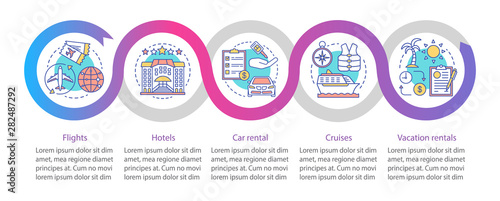 Travel planner vector infographic template. Vacation. Business presentation design elements. Data visualization with five steps and options. Process timeline chart. Workflow layout with linear icons