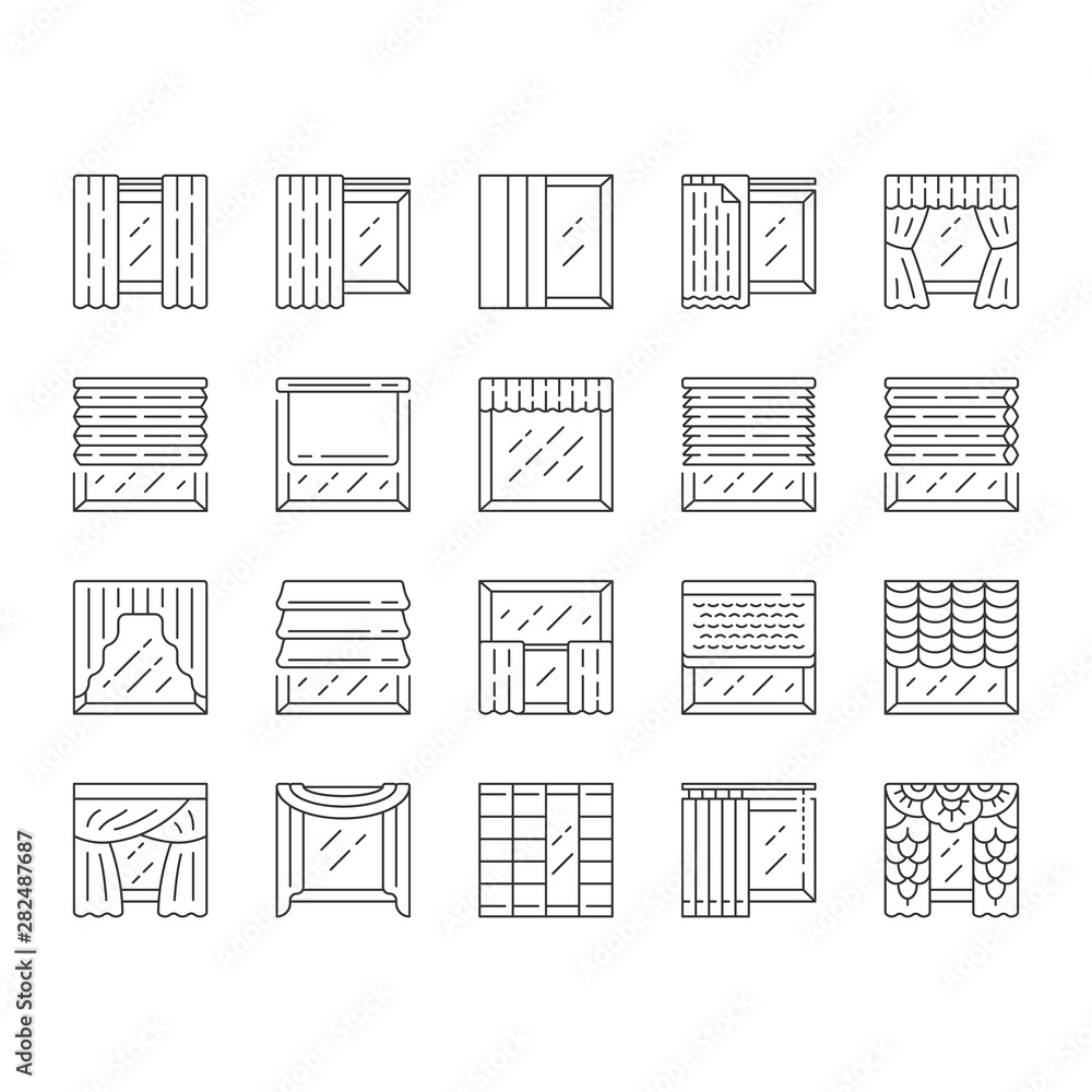 Window treatments and curtains linear icons set. Roman shades, blinds, valance, panel, shutters. Home decor shop. Thin line contour symbols. Isolated vector outline illustrations. Editable stroke - obrazy, fototapety, plakaty 