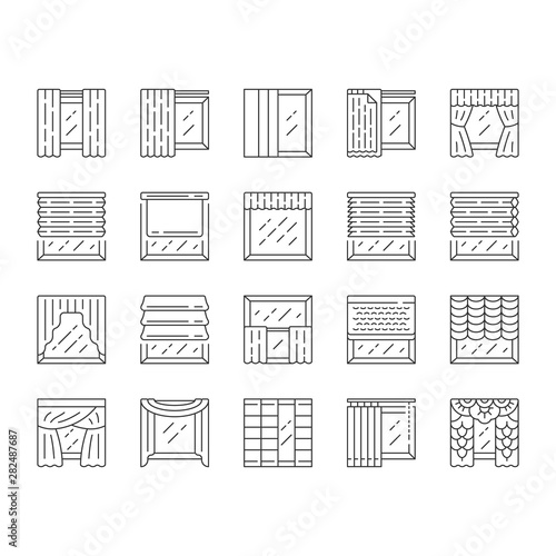 Window treatments and curtains linear icons set. Roman shades, blinds, valance, panel, shutters. Home decor shop. Thin line contour symbols. Isolated vector outline illustrations. Editable stroke