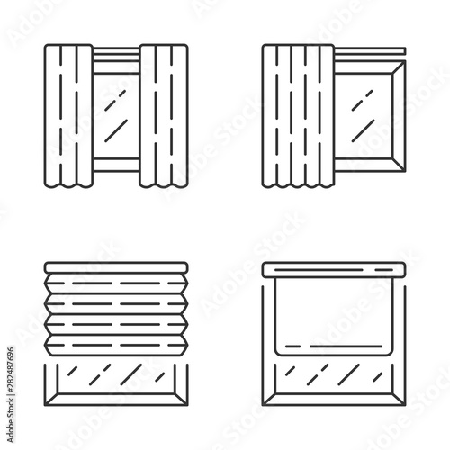 Window coverings and curtains linear icons set. Panel pair, tracks, pleated blinds, roller shades. Home decor shop. Thin line contour symbols. Isolated vector outline illustrations. Editable stroke