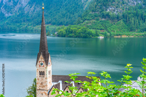 Neo Gothic Evangelical Church in Hallstatt on Hallstatter Lake in Salzkammergut region in Austria © beataaldridge