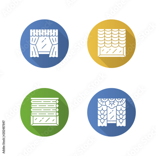 Window blinds flat design long shadow glyph icons set. Austrian, cellular shades, lace curtains, window treatment set. Room darkening decoration. House decor. Vector silhouette illustration