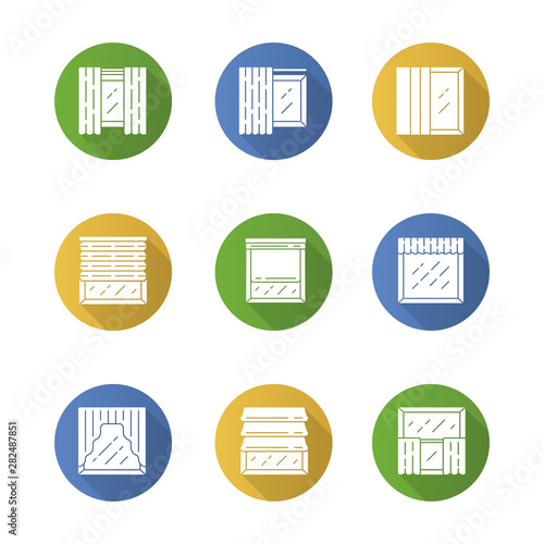 Window shutters flat design long shadow glyph icons set. Roller, roman shades, panel, swags, valance. Motorized jalousie. Window decoration. Home interior shop. Vector silhouette illustration