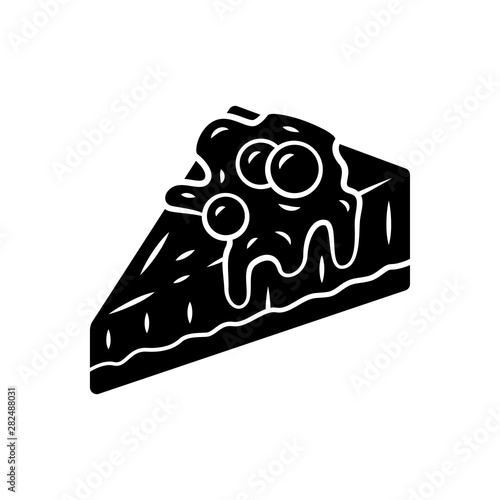 Cheesecake glyph icon. Cake with topping and berries. Bakery shop, confectionery menu. Sweet dessert. Fruit glazed cheesecake slice. Silhouette symbol. Negative space. Vector isolated illustration