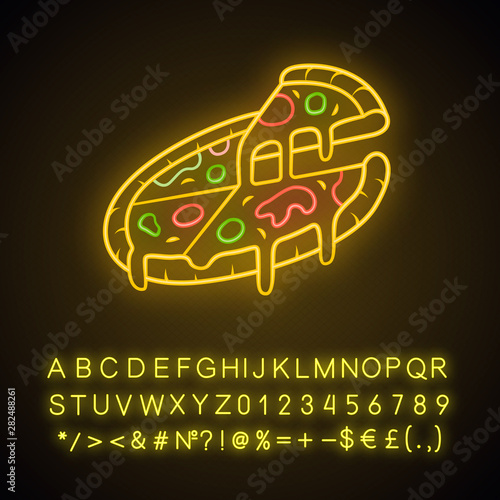 Sliced pizza neon light icon. Pizzeria, pizza house, restaurant, cafe menu. Italian food. Fast food delivery. Glowing sign with alphabet, numbers and symbols. Vector isolated illustration