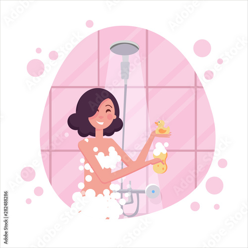 Woman Washing Herself With Sponge In Shower, Part Of People In The Bathroom Doing Their Routine Hygiene Procedures Series. Flat cartoon vector illustration.