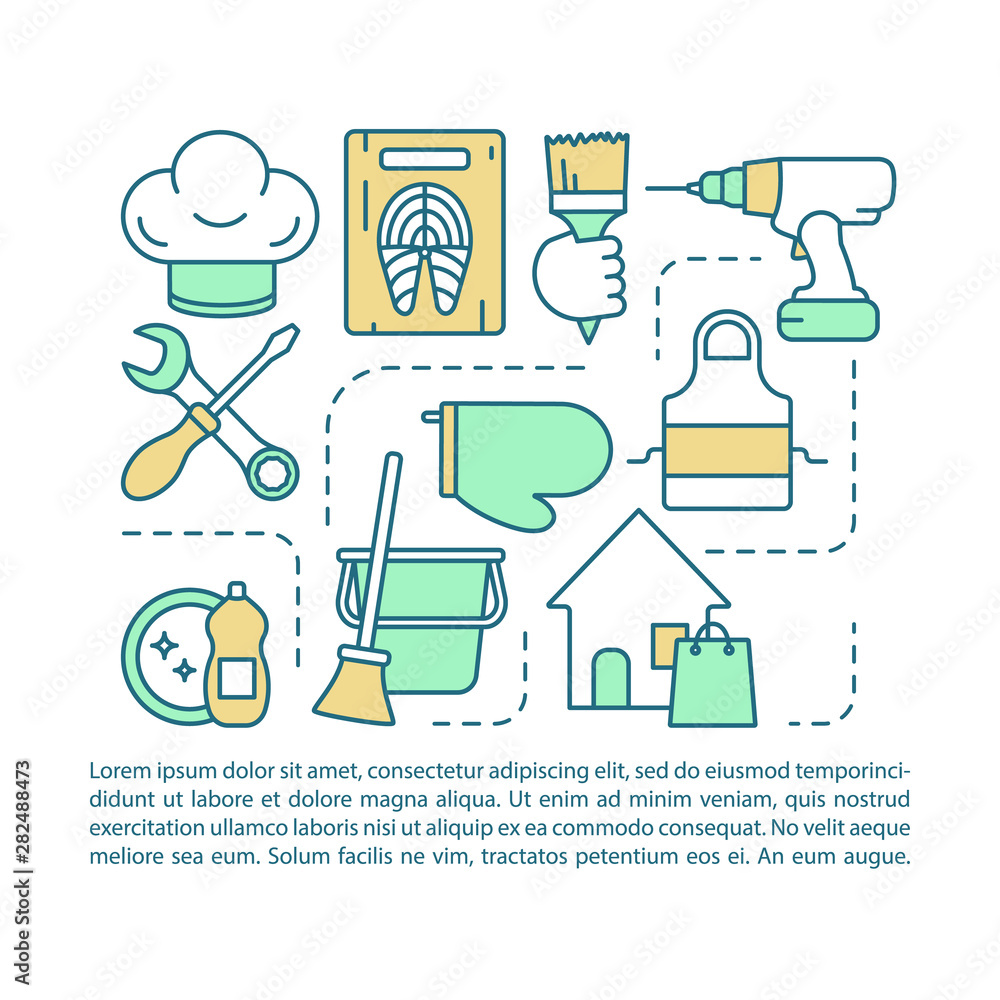 Home services article page vector template. Cleaning, cooking, repair. Brochure, magazine, booklet design element with linear icons and text boxes. Print design. Concept illustrations with text space Home services article page vector template. Cleaning, cooking, repair. Brochure, magazine, booklet design element with linear icons and text boxes. Print design. Concept illustrations with text space