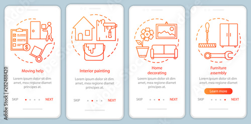 Home services onboarding mobile app page screen with linear concepts. Home decorating. Interior painting. Four walkthrough steps graphic instructions. UX, UI, GUI vector template with illustrations