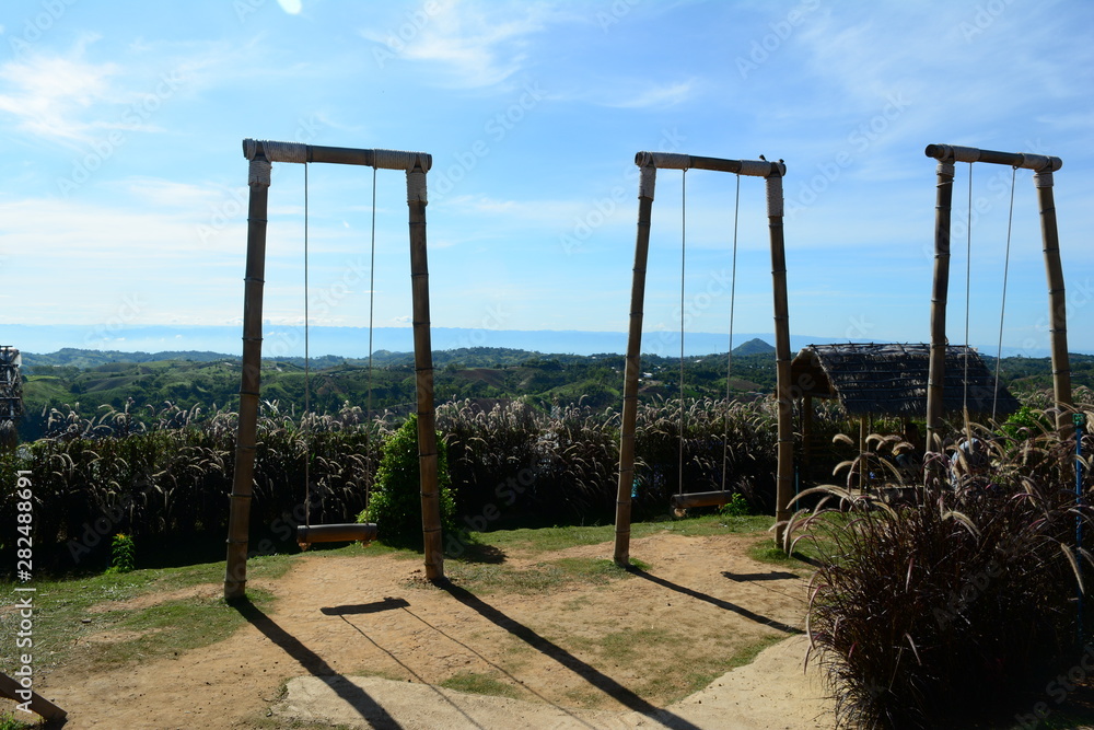 The bamboo swings with grass flowers and blue sky at tourist attraction of northern Thailand The bamboo swings with grass flowers and blue sky at tourist attraction of northern Thailand