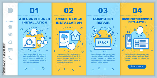 Home services for electronic devices onboarding mobile web pages vector template. Interior painting. Responsive smartphone website interface idea with linear illustrations. Color concept