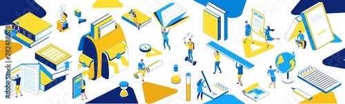 Back to school isometric horizontal banner, learning people set, 3d students read book, library, learn lesson, class concept, backpack, college pupil, blue, yellow, stationery, creative characters