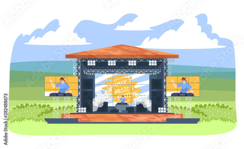 Summer DJ music festival flat vector illustration. Electronic musicfest. Turntablist creating new mix. Dance music open air live performance. Disc jockey on outdoor stage cartoon character