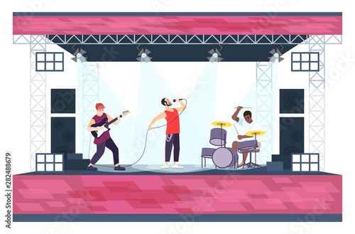 Summer rock festival flat vector illustration. Pop music summer performance. Guitarist, vocalist and drummer on scene. Music band on open air stage isolated cartoon characters on white background