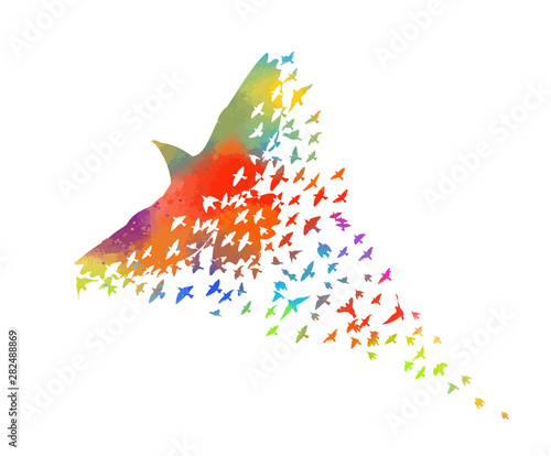 Multi-colored birds. Abstract bird mosaic. A flock of flying rainbow birds. V...