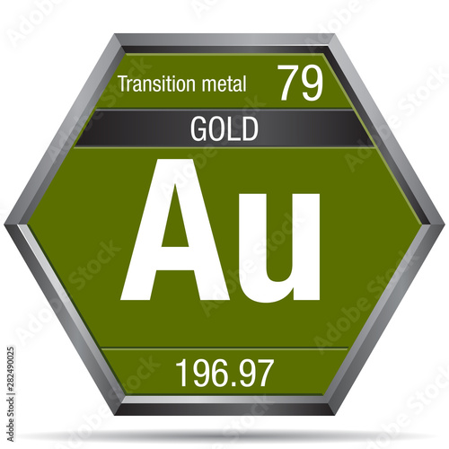 Gold symbol in the form of a hexagon with a metallic frame. Element number 79 of the Periodic Table of the Elements - Chemistry