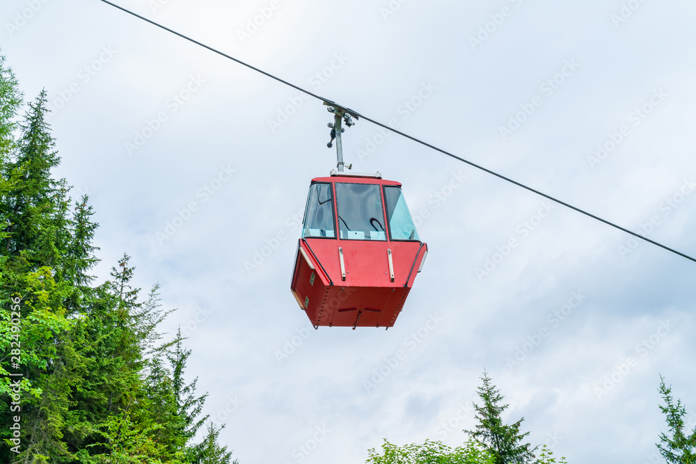 Red vintage gondola of Mount Katrin cable car in Bad Ischl, Salzkammergut, Austria