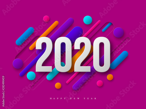 2020 New Year sign. Papercut numbers with 3d geometric shapes. Minimal cover design, dynamic abstract background in purple color. Vector illustration.