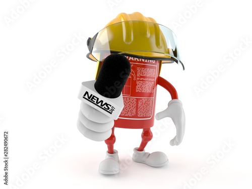 Fire extinguisher character holding interview microphone photo