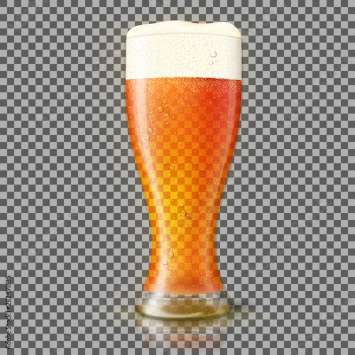 Vector Glass of fresh beer isolated on plaid background.