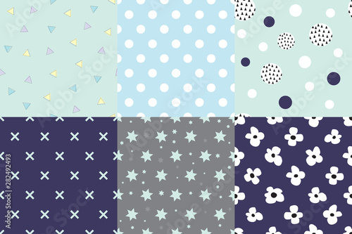 Set of cute seamless patterns. Geometric figures on colorful backgrounds. Vector illustration for your design. Printable motifs with a triangle, circle, cross, star, polka dots and flowers.