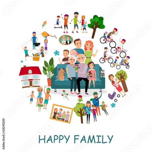 Flat Happy Family Round Concept
