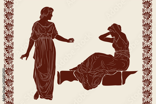 Two ancient Greek women are talking. Vector image with national ornament.