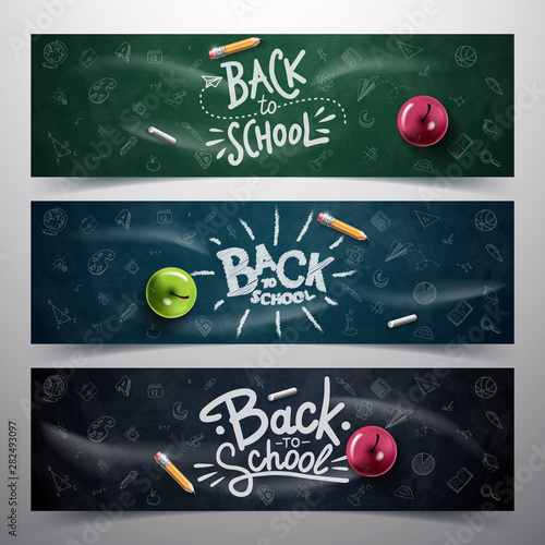 Back to School typography. Vector badges, labels and logos. School Background. Hand drawn lettering. Blackboard background with red apple, pencil,  and chalk.